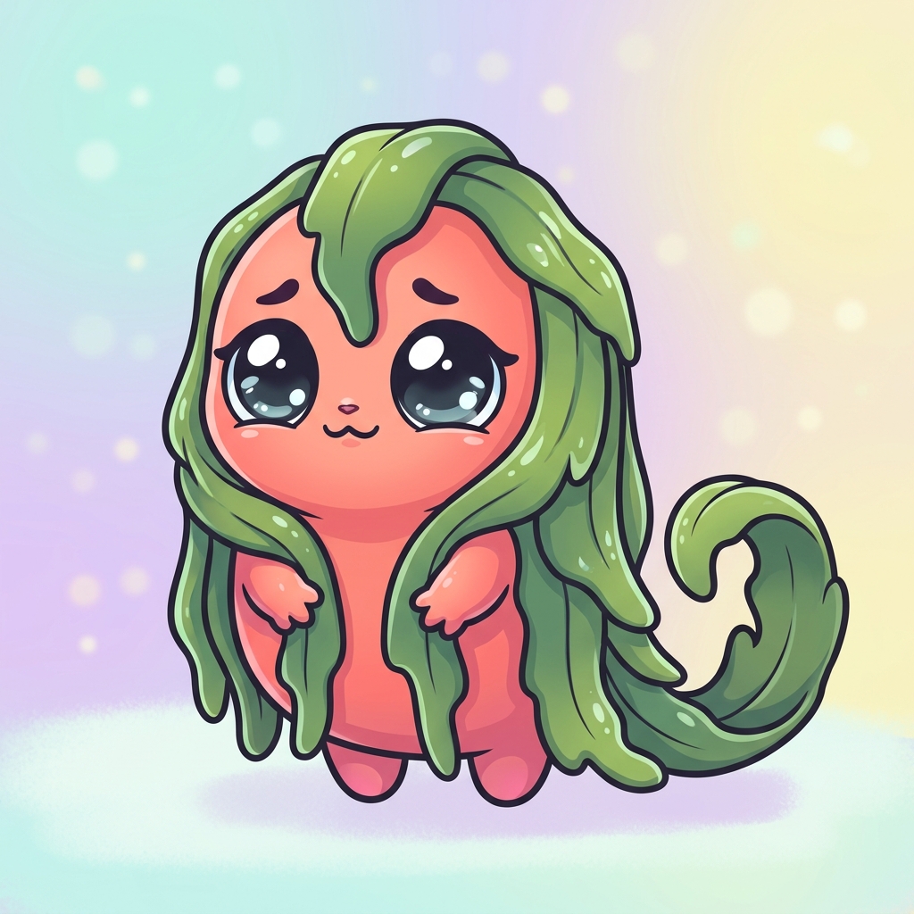 a droopy kelp gremlin draped in slick green fronds
