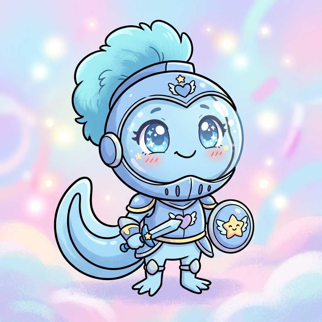 a plucky tadpole knight with a bubble-visor helmet