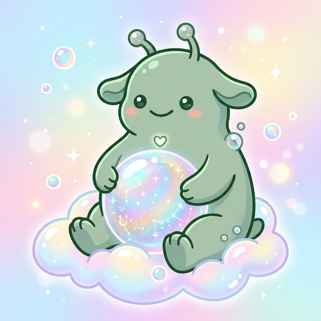 a serene bubble oracle gazing into its own iridescent orb belly