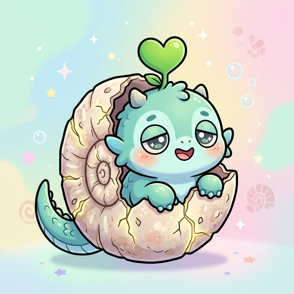 a sleepy fossil hatchling half-out of a cracked ammonite shell