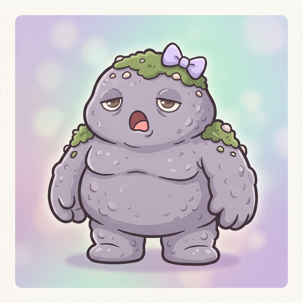 a squat silt golem with pebbly mud skin and moss shoulders